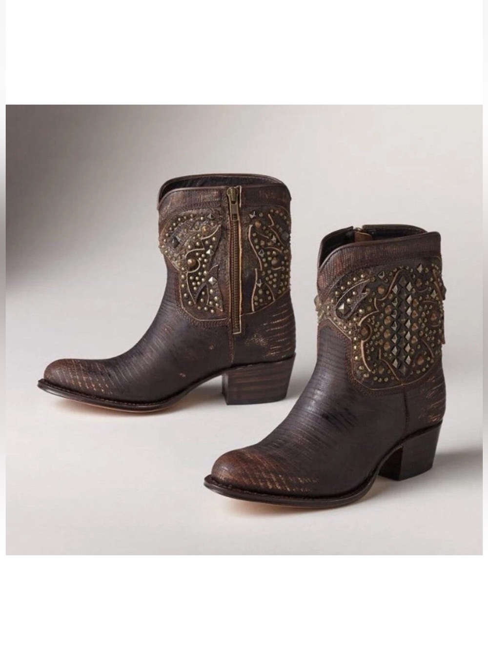 Frye Deborah Deco Studded Brown Leather Western Ankle Boots - Women's